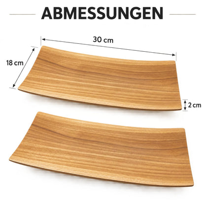 Maßgrafik zweier Sushi-Servierbretter: jeweils 30 cm lang, 18 cm breit und 2 cm hoch
