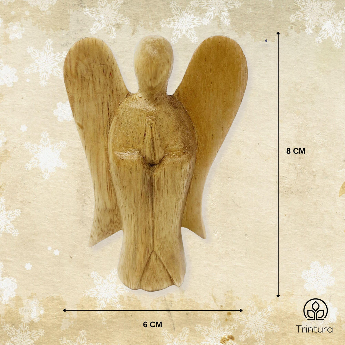 Maßgrafik: Kleine naturfarbene Holzengelfigur mit gefalteten Händen