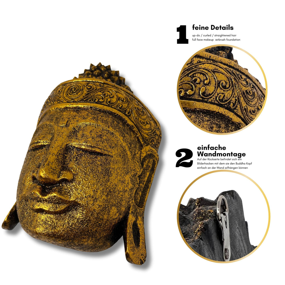 Detailansicht: Gold-schwarze Buddha-Wandmaske mit geschlossenen Augen und verziertem Kopfband