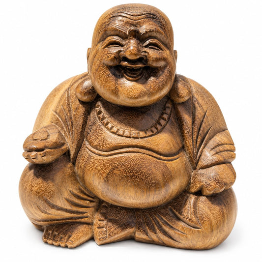 Lächelnde sitzende Buddhafigur aus Akazienholz mit rundem Bauch