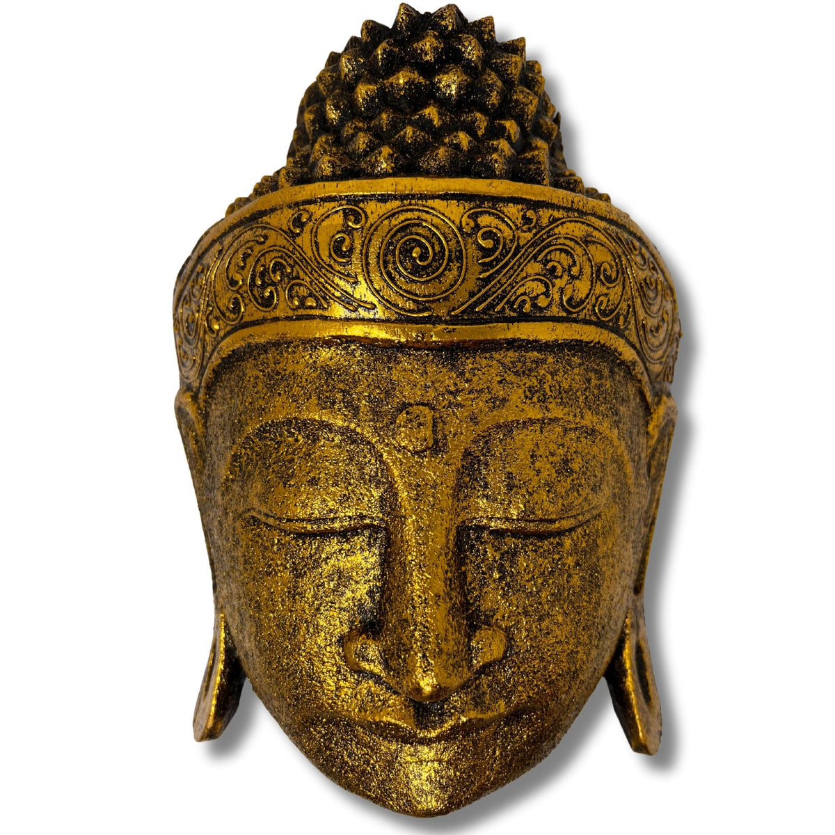 Gold-schwarze Buddha-Wandmaske mit geschlossenen Augen und verziertem Kopfband