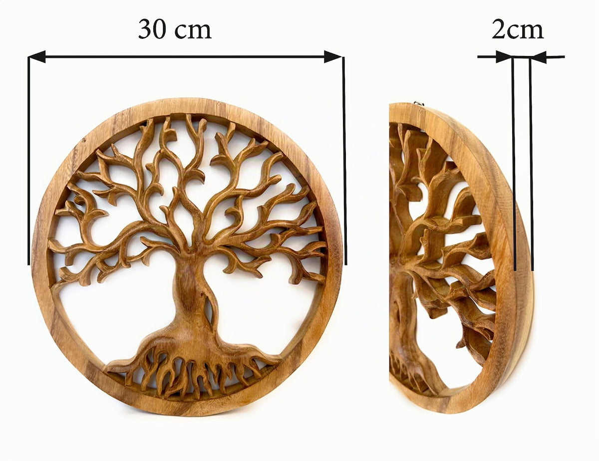 Maßgrafik: Rundes Baum-des-Lebens-Wandbild aus Akazienholz mit fein verzweigten Ästen