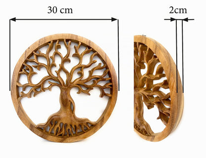 Maßgrafik: Rundes Baum-des-Lebens-Wandbild aus Akazienholz mit fein verzweigten Ästen