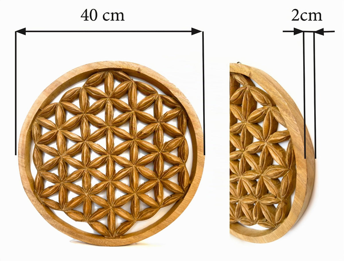 Maßgrafik des Blume-des-Lebens-Wandbilds aus Holz: 40 cm Durchmesser und 2 cm Tiefe