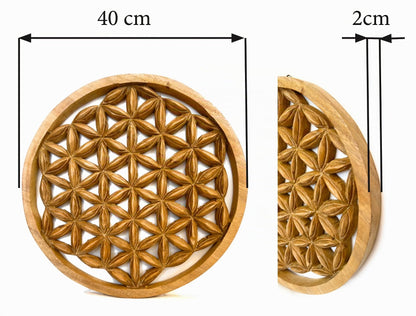 Maßgrafik des Blume-des-Lebens-Wandbilds aus Holz: 40 cm Durchmesser und 2 cm Tiefe