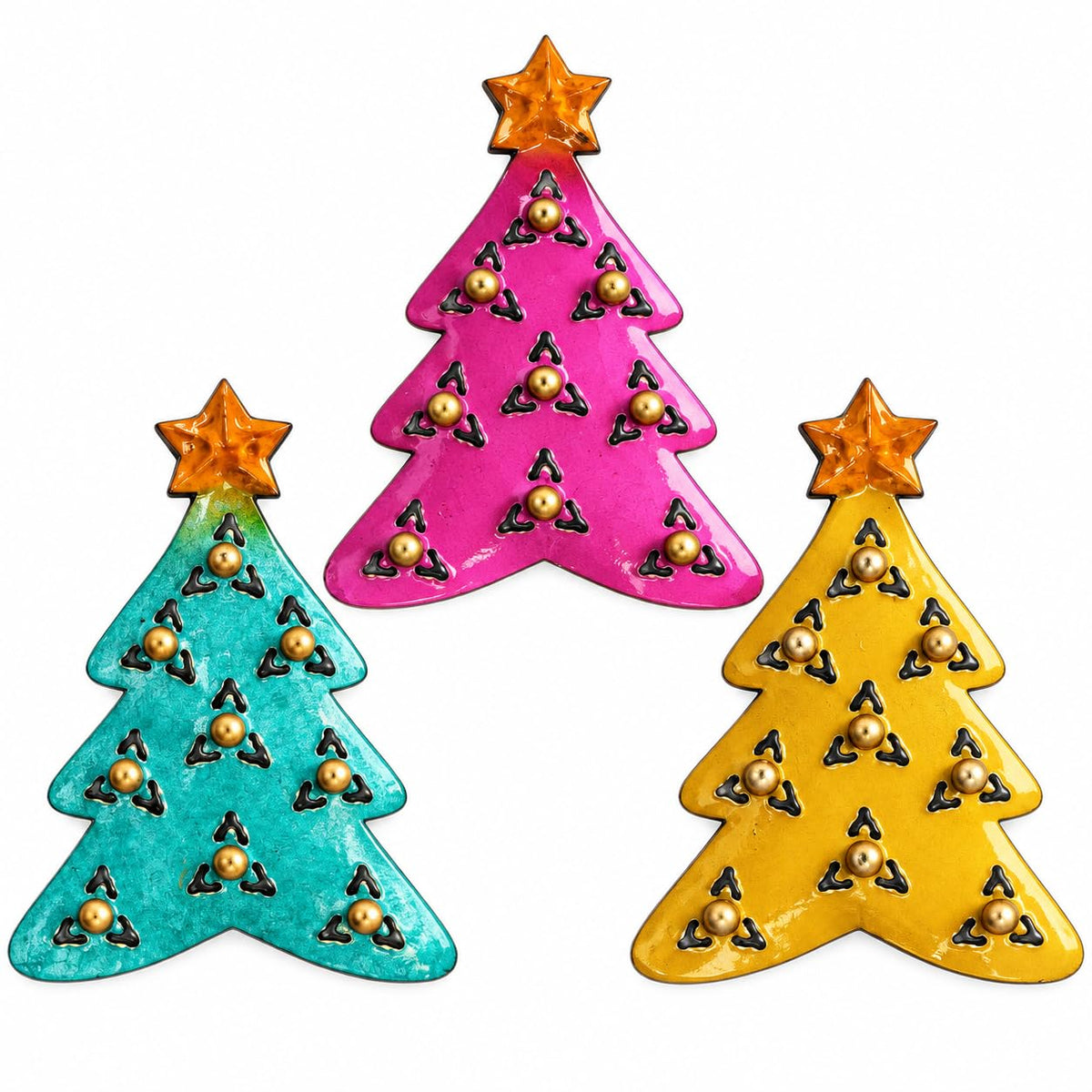 Drei Weihnachtsbaum-Magnete aus Metall in Türkis, Pink und Gelb