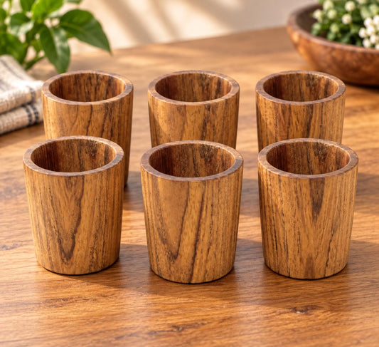 Dekorations- oder Anwendungsbeispiel: Sechs kleine Teakholz-Becher mit natürlicher Maserung