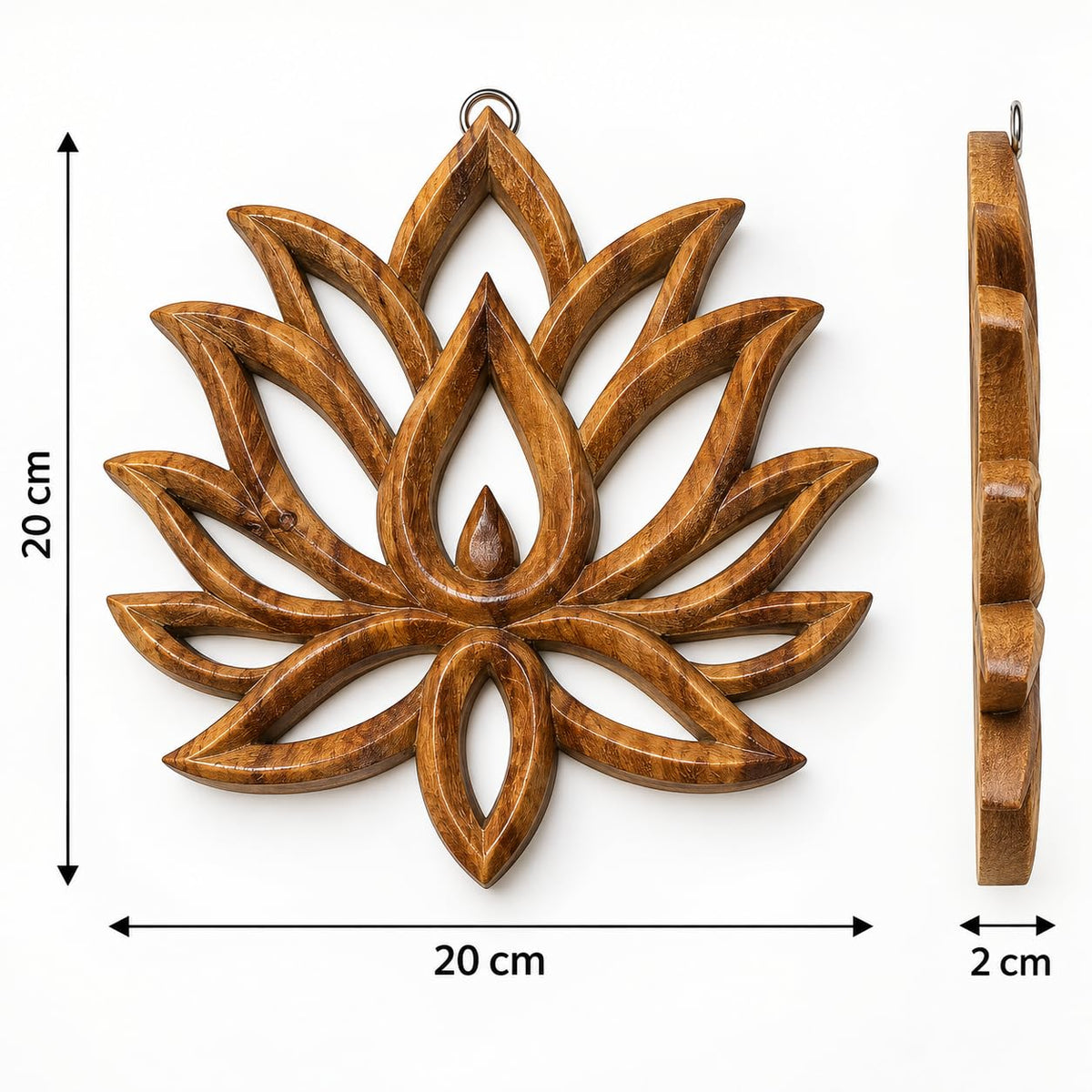 Maßgrafik: Lotusblüten-Wandbild aus Akazienholz mit durchbrochenem Relief