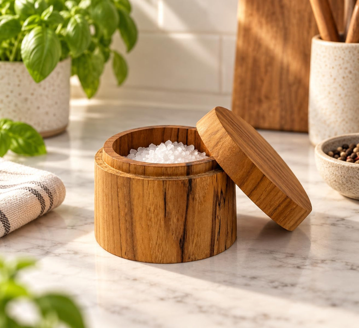 Geöffnete kleine Teakholz-Dose mit grobem weißem Inhalt auf einer Küchenfläche