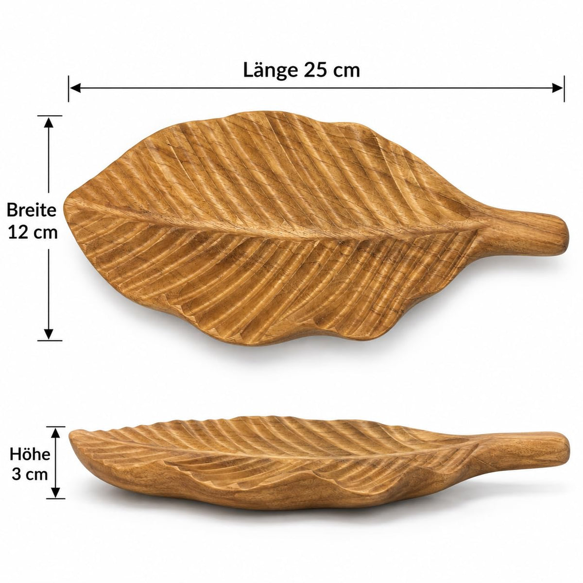 Maßgrafik: Blattförmiges Servierbrett aus Teakholz mit Griff und Blattadern-Relief