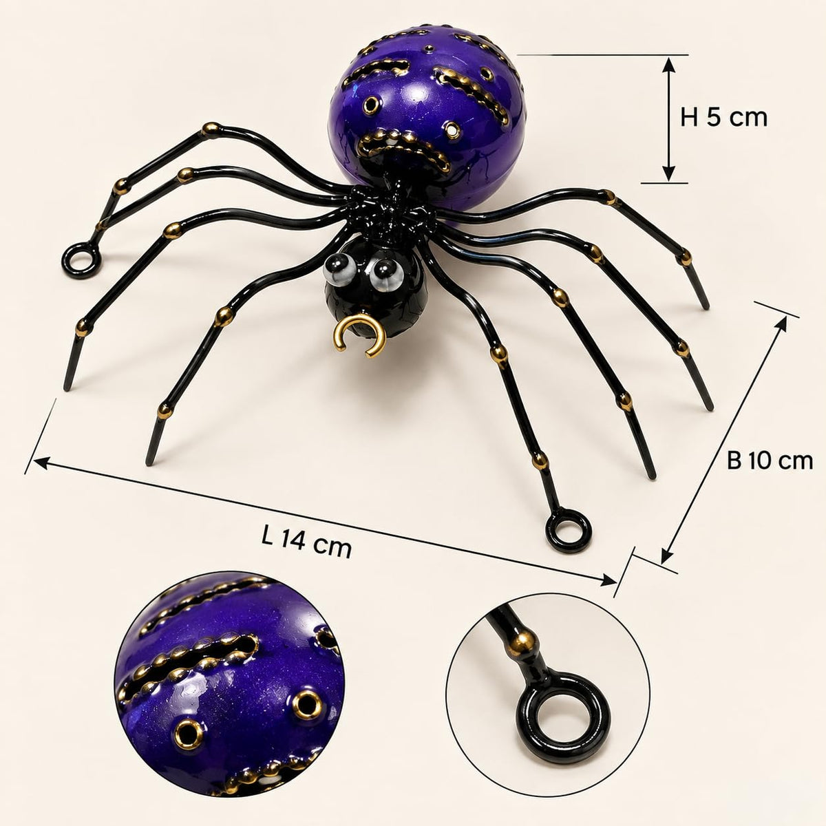 Maßgrafik: Violette dekorative Metallspinne mit schwarzen Beinen und goldfarbenen Details