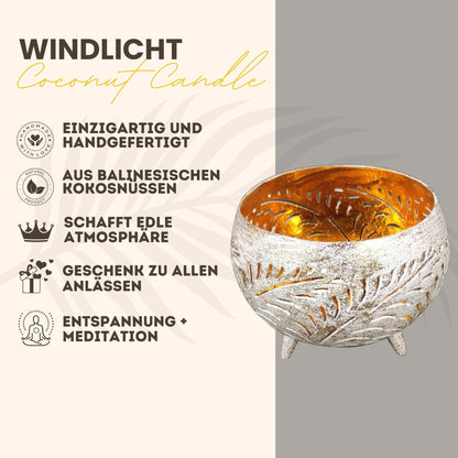 Produktgrafik: Infografik zum weißen Kokosschalen-Windlicht mit Blattmuster