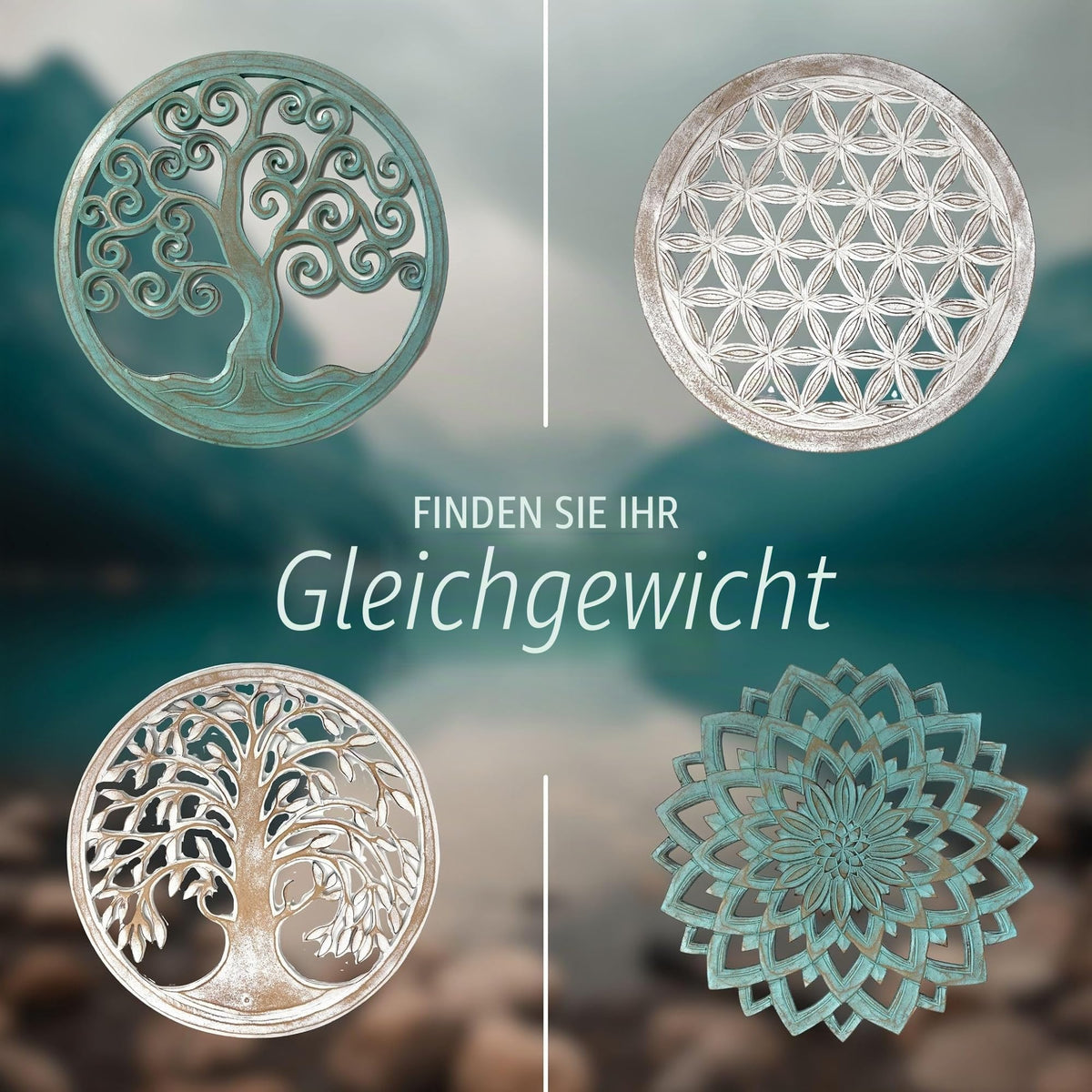 Vier Wanddeko-Motive im Vergleich: Lebensbäume, Blume des Lebens und Lotusblüten-Mandala