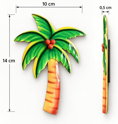Maßgrafik: Palmenmagnet aus Metall mit grünen Blättern und orangefarbenem Stamm