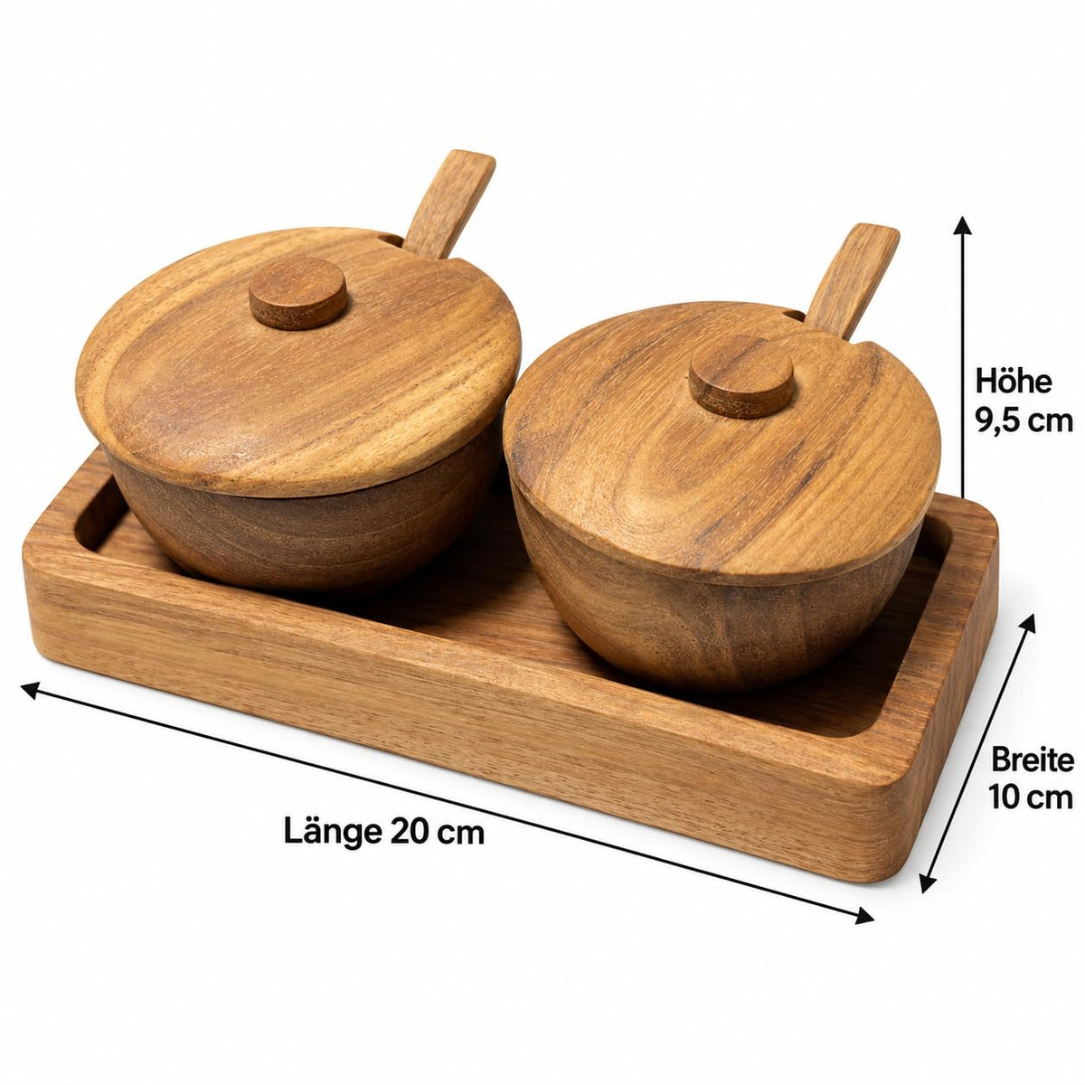 Maßgrafik des Gewürzschalen-Sets auf Tablett: 20 cm lang, 10 cm breit und 9,5 cm hoch